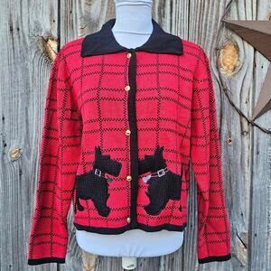 Scottie Dog Cardigan Petite Med Crystal Kobe Red Black Plaid PM Knit VTG Sweater